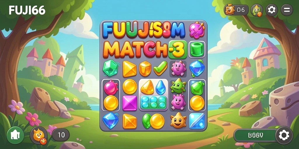 Tampilan menarik dari gameplay FUJI66 dengan aksi Match-3 yang seru.