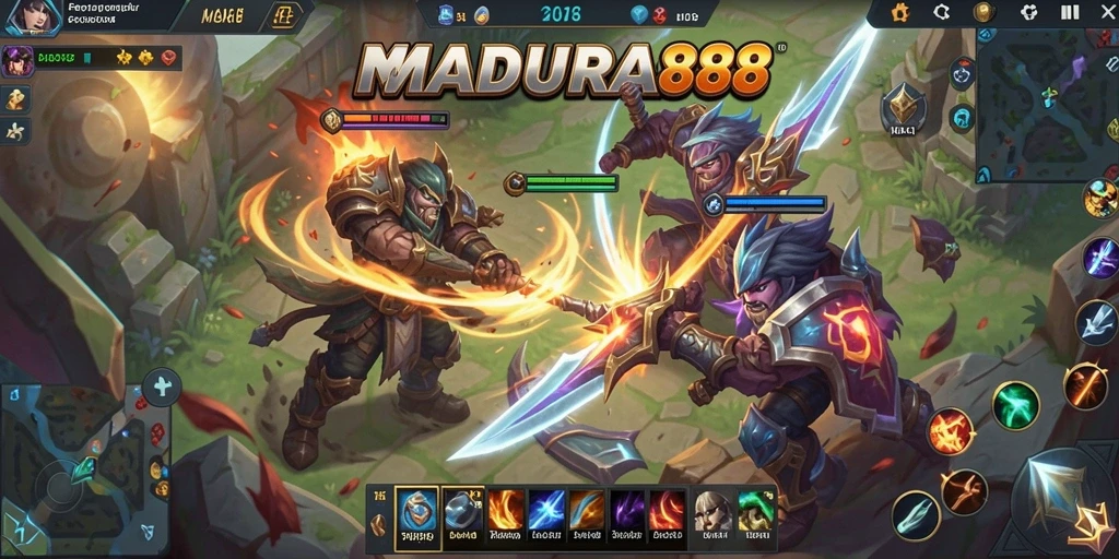 Tampilan seru gameplay MOBA di MADURA88 dengan berbagai karakter.