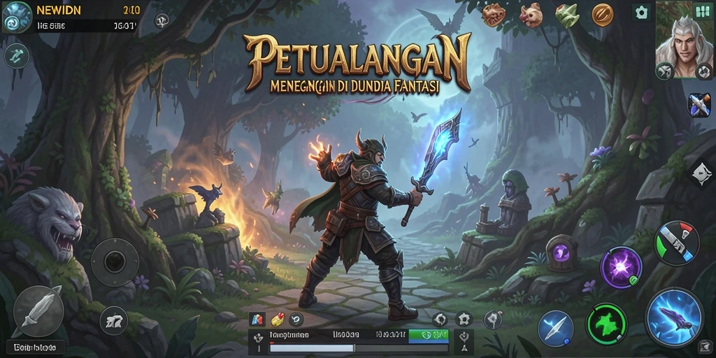 Screenshot gameplay menunjukkan aksi petualangan di hutan lebat.