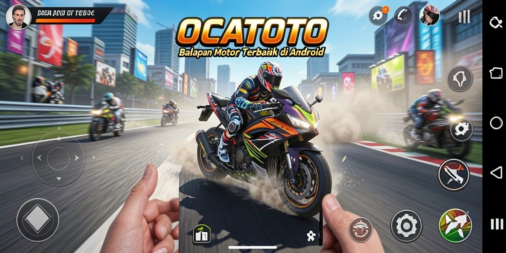 Screenshot utama OCATOTO menunjukkan pemain melaju kencang di lintasan balap motor.