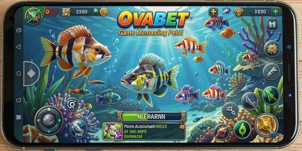 Tampilan gameplay OVABET saat menangkap ikan di laut yang indah.