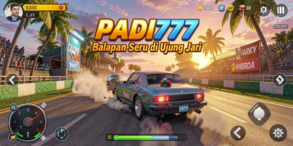 Tangkapan layar gameplay PADI777 yang menampilkan balapan mendebarkan di trek yang menantang.