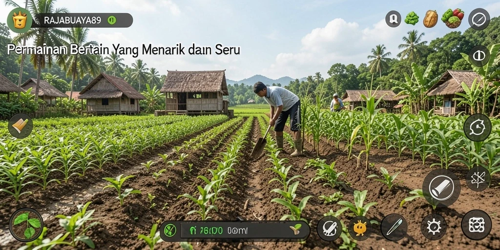 Tampilan gameplay RAJABUAYA89 yang menampilkan aktivitas bertani dan merawat hewan.