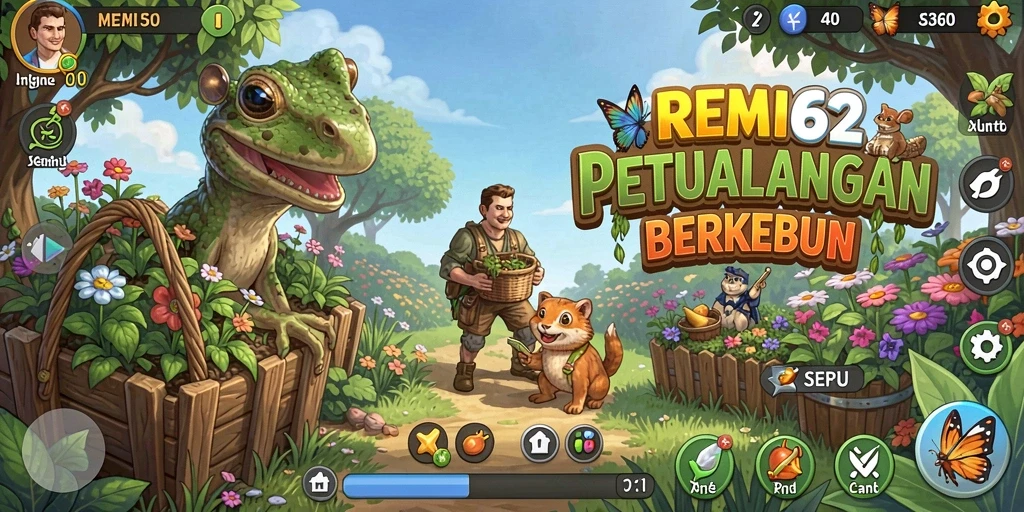 Tangkapan layar gameplay REMI62 menampilkan ladang hijau subur dan aktivitas berkebun.