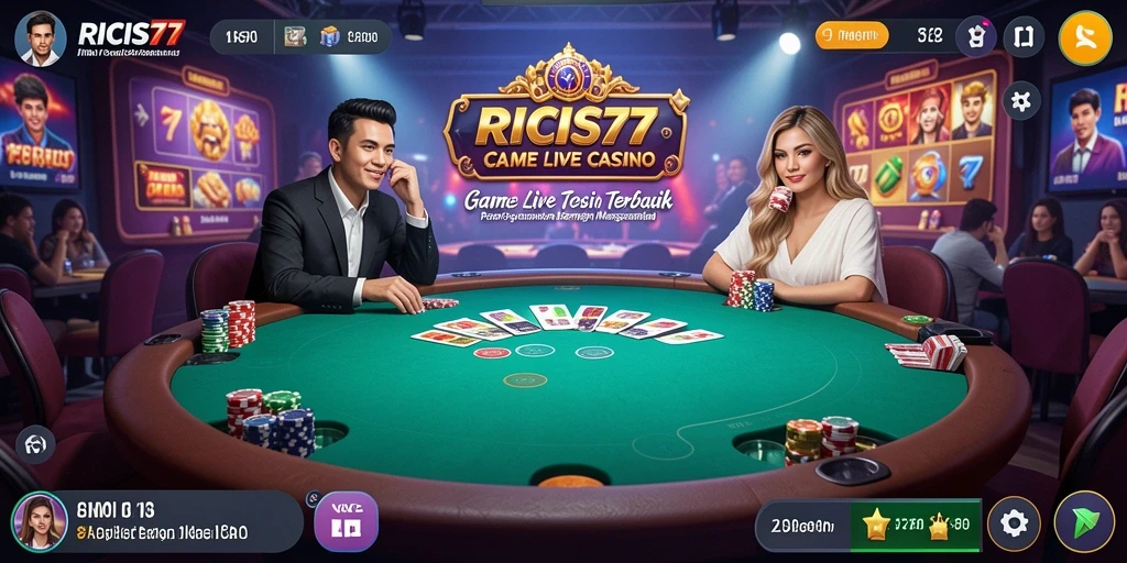 Screenshot gameplay RICIS77 menampilkan dealer langsung dan suasana kasino interaktif.