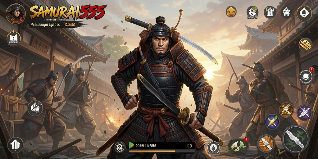 Tampilan gameplay mendebarkan dari SAMURAI555 yang menampilkan pertarungan samurai.